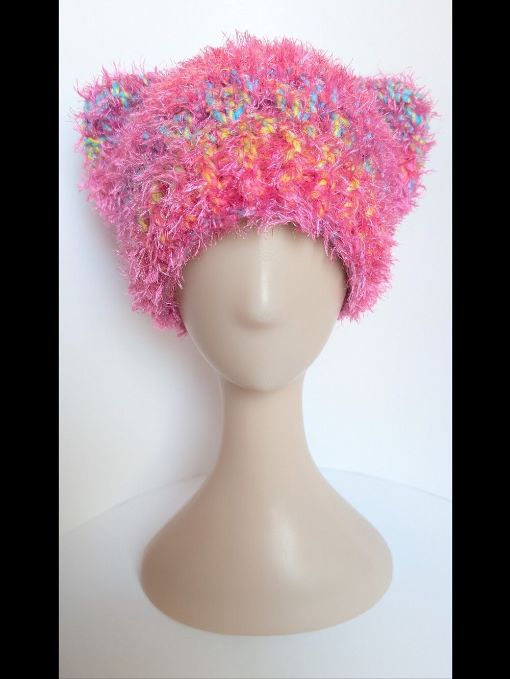 NEW, Rainbow and pink fuzzy cat ear beanie, crochet, handmade